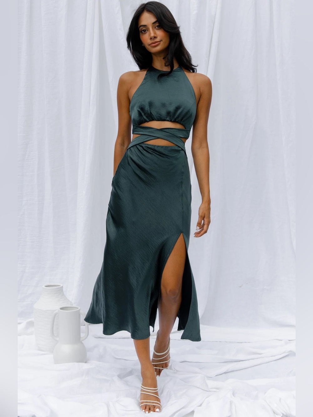 NWT Selfie Leslie Jade Green Satin Cutout Halter Midi Dress XS